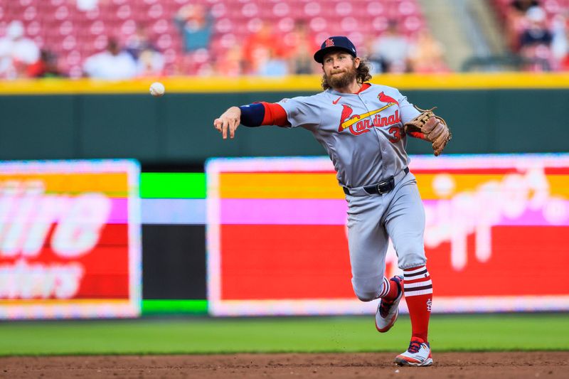Apr 30, 2025; Cincinnati, Ohio, USA; St. Louis Cardinals second baseman Brendan Donovan (33) throws to first to get Cincinnati Reds designated hitter Matt McLain (not pictured) out in the third inning at Great American Ball Park. Mandatory Credit: Katie Stratman-Imagn Images