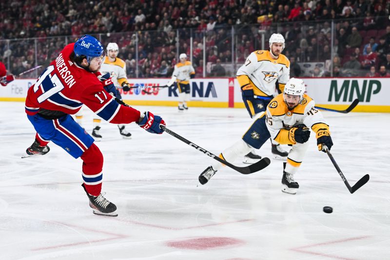 Dec 10, 2023; Montreal, Quebec, CAN; Montreal Canadiens right wing Josh Anderson (17) shoots the puck against the Nashville Predators during the first period at Bell Centre. Mandatory Credit: David Kirouac-USA TODAY Sports