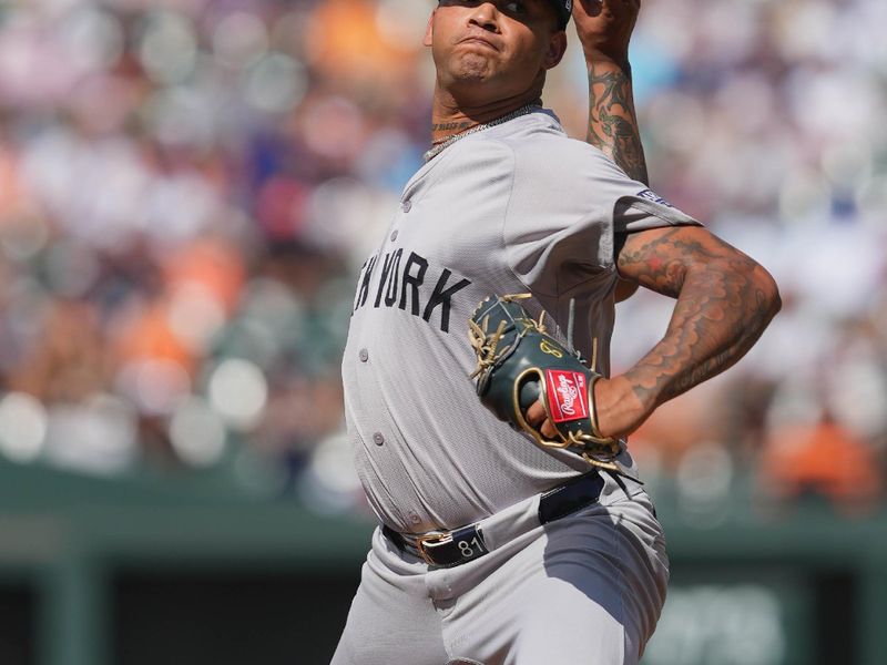 Jul 13, 2024; Baltimore, Maryland, USA; New York Yankees pitcher Luis Gil (81) delivers in the first inning against the Baltimore Orioles at Oriole Park at Camden Yards. Mandatory Credit: Mitch Stringer-USA TODAY Sports