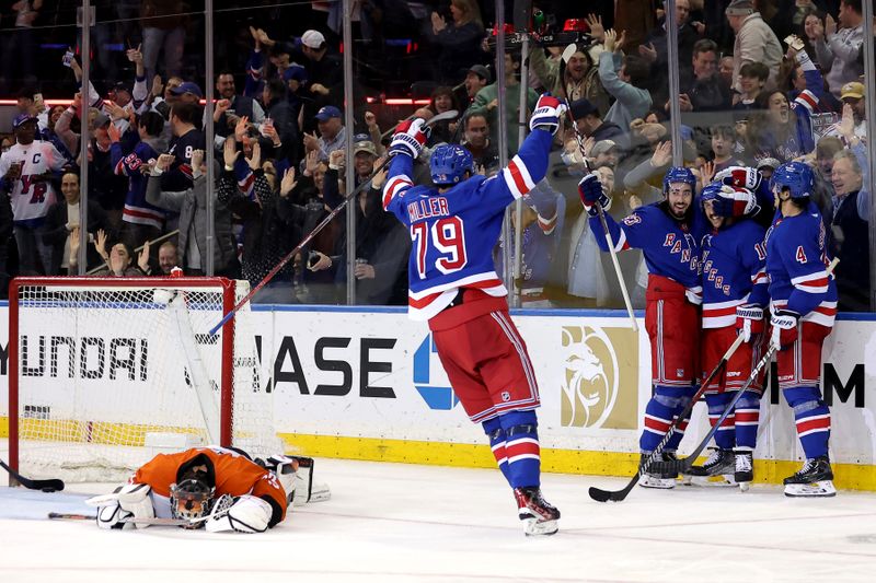 Mar 26, 2024; New York, New York, USA; New York Rangers center Vincent Trocheck (16) celebrates his goal against Philadelphia Flyers goaltender Samuel Ersson (33) with defenseman K'Andre Miller (79) and center Mika Zibanejad (93) and defenseman Braden Schneider (4) during the third period at Madison Square Garden. Mandatory Credit: Brad Penner-USA TODAY Sports