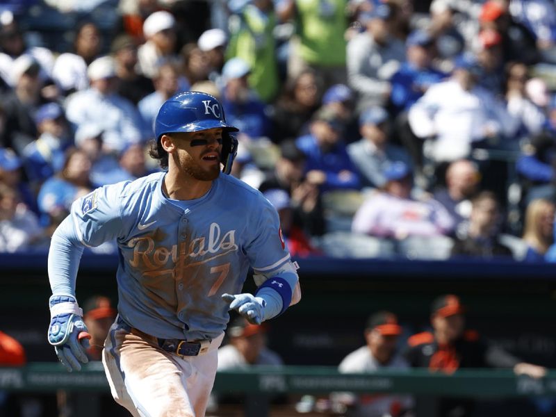 Apr 6, 2025; Kansas City, Missouri, USA;  Kansas City Royals shortstop Bobby Witt Jr. (7) runs to first after getting a hit at Kauffman Stadium. Mandatory Credit: Gary Rohman-Imagn Images