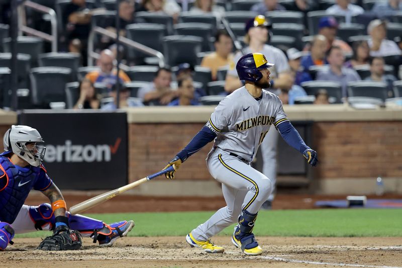 Jun 28, 2023; New York City, New York, USA; Milwaukee Brewers right fielder Blake Perkins (16) follows through on an RBI single against the New York Mets during the sixth inning at Citi Field. Mandatory Credit: Brad Penner-USA TODAY Sports