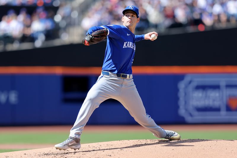 Apr 14, 2024; New York City, New York, USA; Kansas City Royals starting pitcher Cole Ragans (55) pitches against the New York Mets during the first inning at Citi Field. Mandatory Credit: Brad Penner-USA TODAY Sports