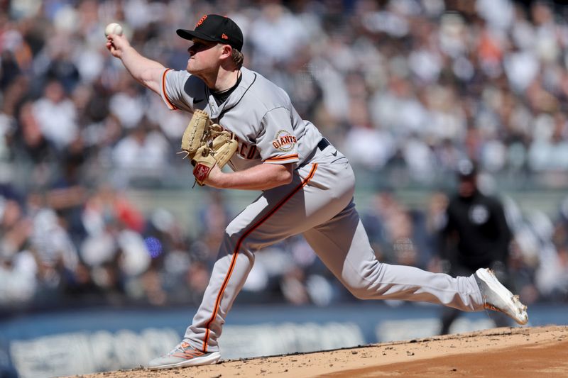 Mar 30, 2023; Bronx, New York, USA; San Francisco Giants starting pitcher Logan Webb (62) pitches against the New York Yankees during the first inning at Yankee Stadium. Mandatory Credit: Brad Penner-USA TODAY Sports