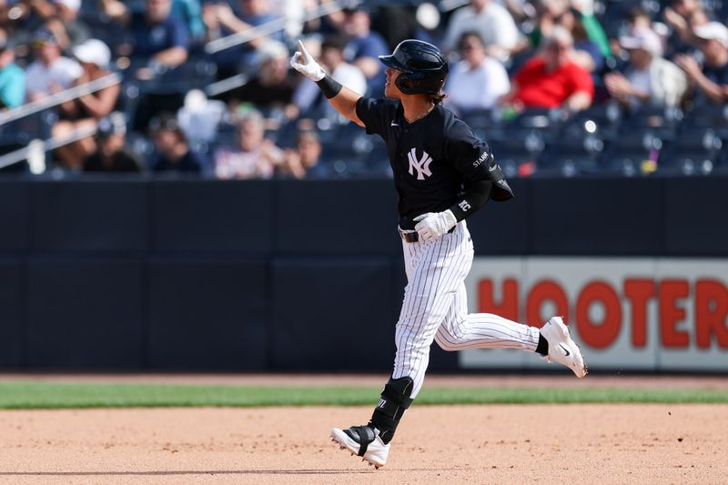 Feb 28, 2026; Tampa, Florida, USA; New York Yankees center fielder Kenedy Corona (87) runs the bases after hitting a home run against the Toronto Blue Jays in the seventh inning during spring training at George M. Steinbrenner Field. Mandatory Credit: Nathan Ray Seebeck-Imagn Images