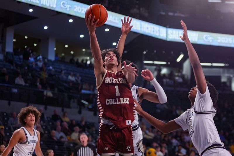 Jan 4, 2025; Atlanta, Georgia, USA; Boston College Eagles guard Dion Brown (1) shoots against the Georgia Tech Yellow Jackets in the first half at McCamish Pavilion. Mandatory Credit: Brett Davis-Imagn Images