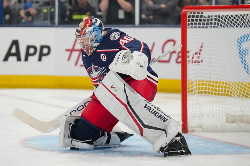 Oct 22, 2024; Columbus, Ohio, USA; Columbus Blue Jackets goaltender Daniil Tarasov (40) makes a save in net during the first period at Nationwide Arena. Mandatory Credit: Aaron Doster-Imagn Images