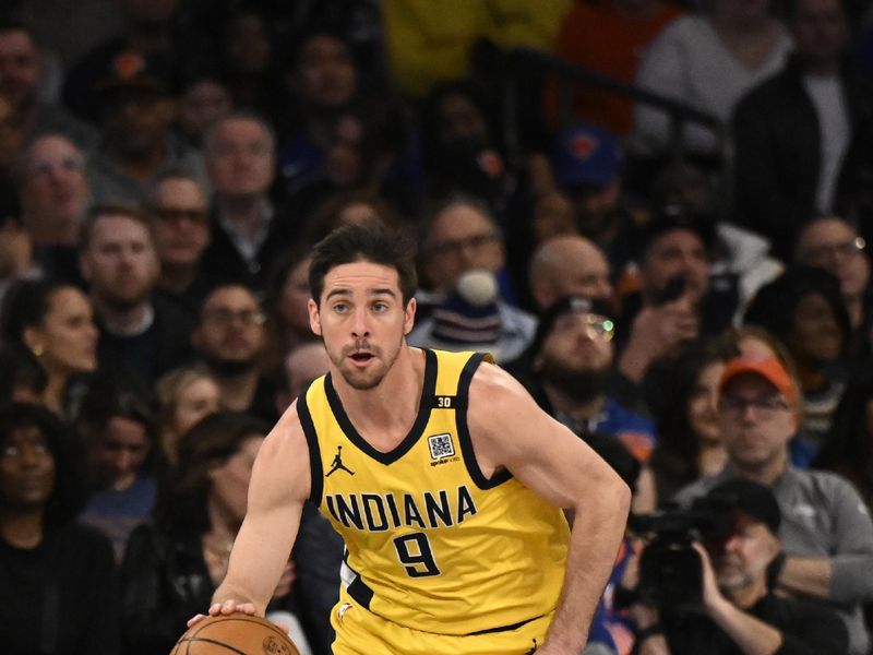 NEW YORK, NY - FEBRUARY 10: T.J. McConnell #9 of the Indiana Pacers dribbles the ball during the game against the New York Knicks on February 10, 2024 at Madison Square Garden in New York City, New York.  NOTE TO USER: User expressly acknowledges and agrees that, by downloading and or using this photograph, User is consenting to the terms and conditions of the Getty Images License Agreement. Mandatory Copyright Notice: Copyright 2024 NBAE  (Photo by David Dow/NBAE via Getty Images)