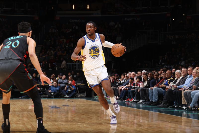 WASHINGTON, DC -? FEBRUARY 27: Jonathan Kuminga #00 of the Golden State Warriors handles the ball during the game against the Washington Wizards on February 27, 2024 at Capital One Arena in Washington, DC. NOTE TO USER: User expressly acknowledges and agrees that, by downloading and or using this Photograph, user is consenting to the terms and conditions of the Getty Images License Agreement. Mandatory Copyright Notice: Copyright 2024 NBAE (Photo by Stephen Gosling/NBAE via Getty Images)