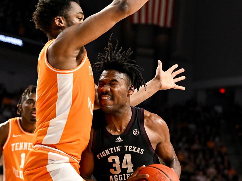 Feb 21, 2023; College Station, Texas, USA;  Texas A&M Aggies forward Julius Marble (34) drives to the basket against Tennessee Volunteers forward Tobe Awaka (11) during the second half at Reed Arena. Mandatory Credit: Maria Lysaker-USA TODAY Sports