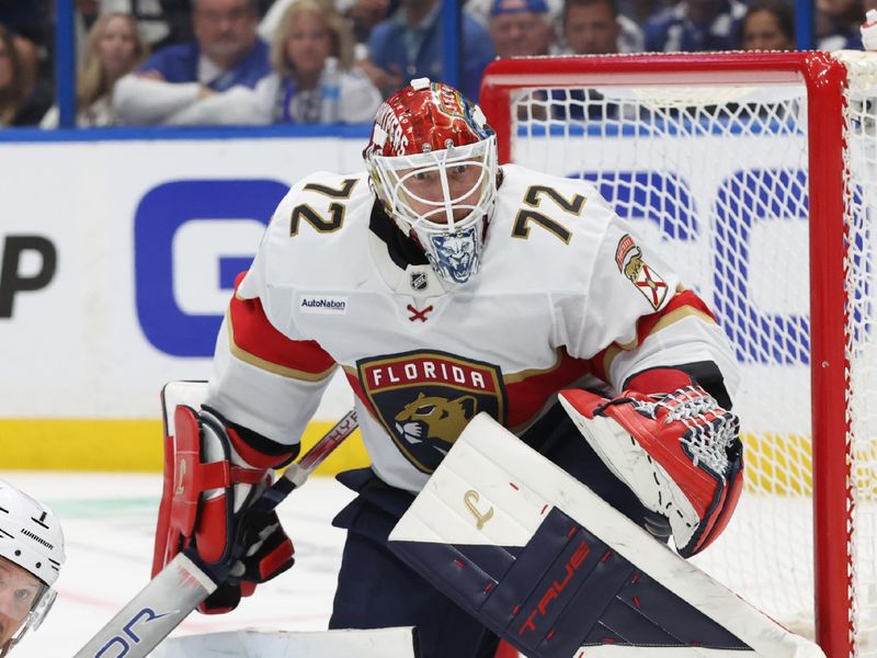 Apr 30, 2025; Tampa, Florida, USA; Florida Panthers goaltender Sergei Bobrovsky (72) looks on against the Tampa Bay Lightning during the first period of game five of the first round of the 2025 Stanley Cup Playoffs at Amalie Arena. Mandatory Credit: Kim Klement Neitzel-Imagn Images