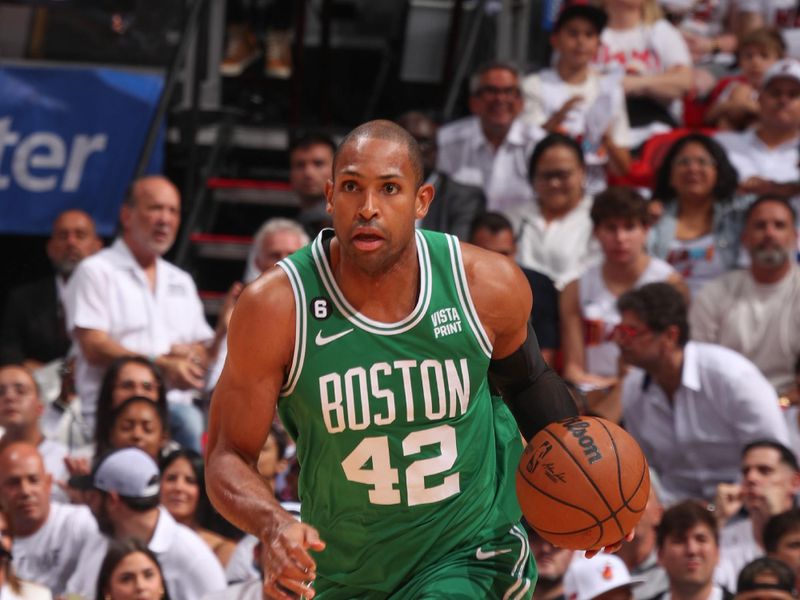 MIAMI, FL - MAY 19:  Al Horford #42 of the Boston Celtics goes to the basket during the game during round 3 game 4 of the Eastern Conference Finals 2023 NBA Playoffs on May 19, 2023 at the Kaseya Center Arena in Miami, Florida. NOTE TO USER: User expressly acknowledges and agrees that, by downloading and or using this Photograph, user is consenting to the terms and conditions of the Getty Images License Agreement. Mandatory Copyright Notice: Copyright 2023 NBAE (Photo by Issac Baldizon/NBAE via Getty Images)