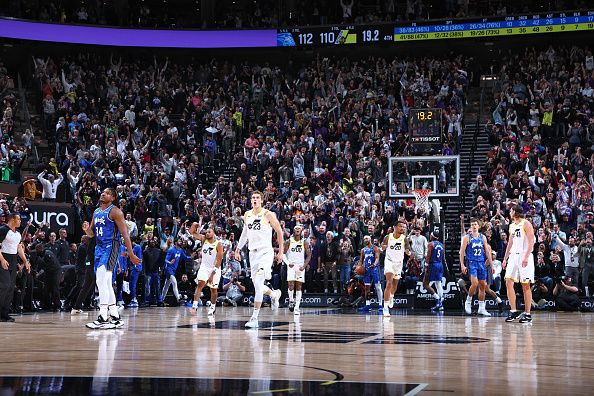 SALT LAKE CITY, UT - NOVEMBER 2: Lauri Markkanen #23 of the Utah Jazz celebrates during the game against the Orlando Magic on November 2, 2023 at Delta Center in Salt Lake City, Utah. NOTE TO USER: User expressly acknowledges and agrees that, by downloading and or using this Photograph, User is consenting to the terms and conditions of the Getty Images License Agreement. Mandatory Copyright Notice: Copyright 2023 NBAE (Photo by Melissa Majchrzak/NBAE via Getty Images)