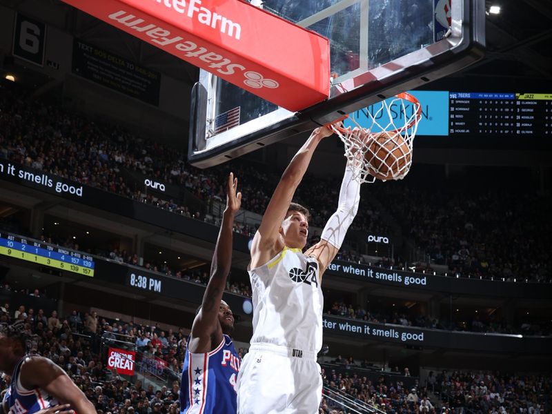 SALT LAKE CITY, UT - FEBRUARY 1: Walker Kessler #24 of the Utah Jazz dunks the ball during the game against the Philadelphia 76ers on February 1, 2024 at Delta Center in Salt Lake City, Utah. NOTE TO USER: User expressly acknowledges and agrees that, by downloading and or using this Photograph, User is consenting to the terms and conditions of the Getty Images License Agreement. Mandatory Copyright Notice: Copyright 2024 NBAE (Photo by Melissa Majchrzak/NBAE via Getty Images)