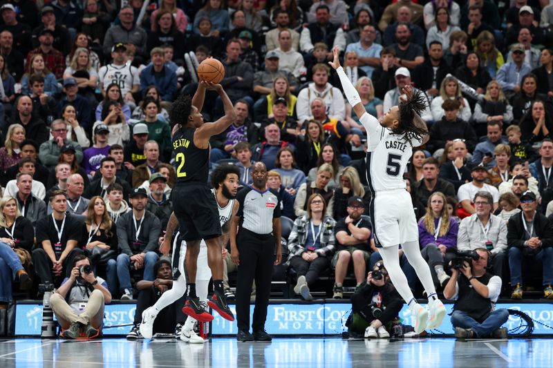 SALT LAKE CITY, UT - NOVEMBER 26: Collin Sexton #2 of the Utah Jazz shoots the ball during the game against the San Antonio Spurs during the Emirates NBA Cup game on November 26, 2024 at Delta Center in Salt Lake City, Utah. NOTE TO USER: User expressly acknowledges and agrees that, by downloading and or using this Photograph, User is consenting to the terms and conditions of the Getty Images License Agreement. Mandatory Copyright Notice: Copyright 2024 NBAE (Photo by Chris Nicoll/NBAE via Getty Images)