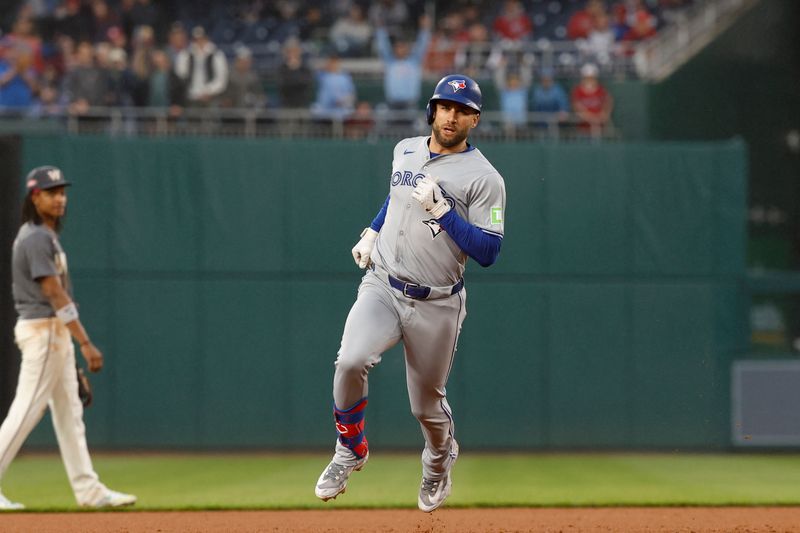 May 4, 2024; Washington, District of Columbia, USA; Toronto Blue Jays center fielder Kevin Kiermaier (39) rounds the bases after hitting a two run home run against the Washington Nationals during the eighth inning at Nationals Park. Mandatory Credit: Geoff Burke-USA TODAY Sports