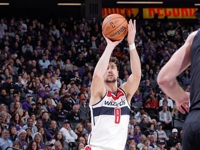 SACRAMENTO, CA - DECEMBER 18: Deni Avdija #8 of the Washington Wizards shoots the ball during the game against the Sacramento Kings on December 18, 2023 at Golden 1 Center in Sacramento, California. NOTE TO USER: User expressly acknowledges and agrees that, by downloading and or using this Photograph, user is consenting to the terms and conditions of the Getty Images License Agreement. Mandatory Copyright Notice: Copyright 2023 NBAE (Photo by Rocky Widner/NBAE via Getty Images)