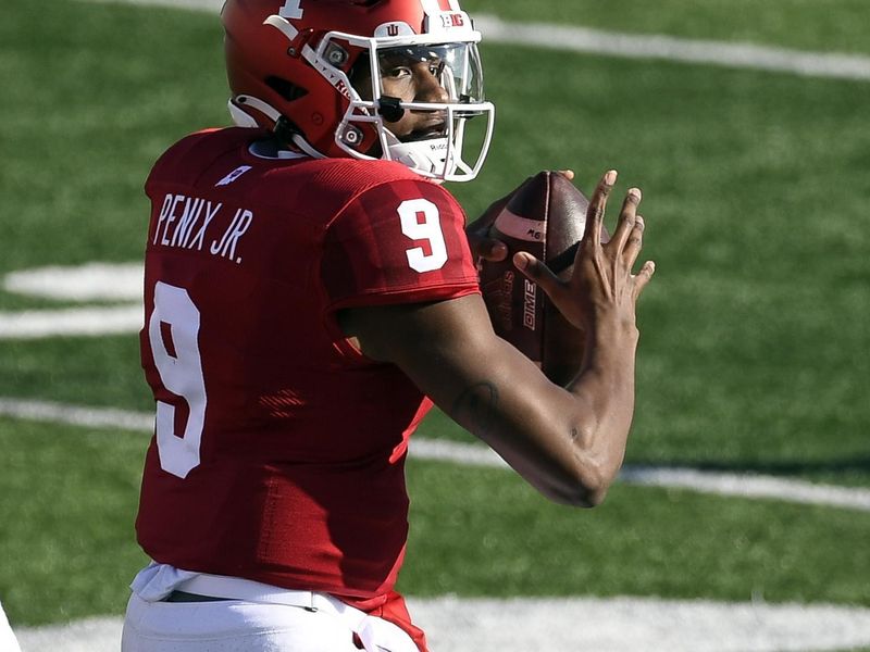 Oct 24, 2020; Bloomington, Indiana, USA; Indiana Hoosiers quarterback Michael Penix Jr. (9) passes the ball during the second quarter of the game against the Penn State Nittany Lions at Memorial Stadium. Mandatory Credit: Marc Lebryk-USA TODAY Sports