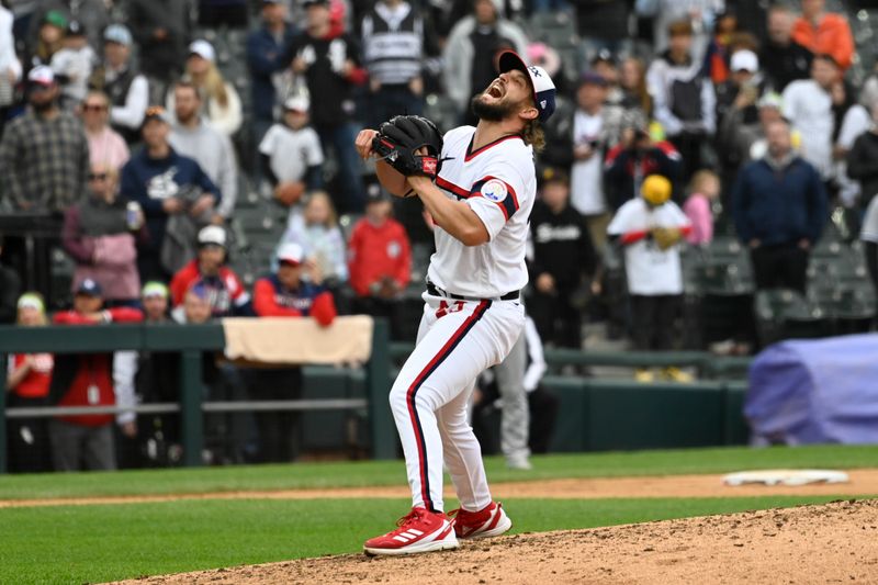 Jun 11, 2023; Chicago, Illinois, USA;  Chicago White Sox relief pitcher Kendall Graveman (49) reacts after walking Miami Marlins designated hitter Jorge Soler (12) during the ninth inning at Guaranteed Rate Field. Mandatory Credit: Matt Marton-USA TODAY Sports