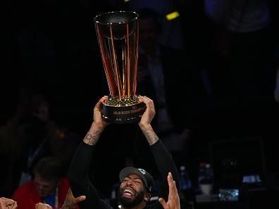 LAS VEGAS, NV - DECEMBER 9:  Anthony Davis #3 of the Los Angeles Lakers celebrates with the NBA Cup after winning the In-Season Tournament Championship game against the Indiana Pacers during the In-Season Tournament Championship game on December 9, 2023 at T-Mobile Arena in Las Vegas, Nevada. NOTE TO USER: User expressly acknowledges and agrees that, by downloading and or using this photograph, User is consenting to the terms and conditions of the Getty Images License Agreement. Mandatory Copyright Notice: Copyright 2023 NBAE (Photo by Garrett Ellwood/NBAE via Getty Images)