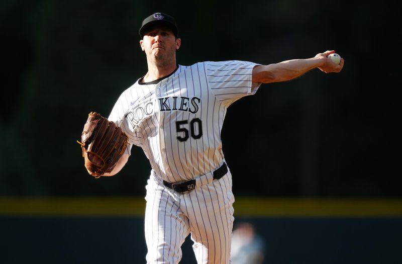 Jun 4, 2024; Denver, Colorado, USA; Colorado Rockies starting pitcher Ty Blach (50) delivers a pitch in the first inning against the Cincinnati Reds at Coors Field. Mandatory Credit: Ron Chenoy-USA TODAY Sports