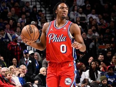 PHILADELPHIA, PA - DECEMBER 22:  Tyrese Maxey #0 of the Philadelphia 76ers dribbles the ball during the game against the Toronto Raptors on December 22, 2023 at the Wells Fargo Center in Philadelphia, Pennsylvania NOTE TO USER: User expressly acknowledges and agrees that, by downloading and/or using this Photograph, user is consenting to the terms and conditions of the Getty Images License Agreement. Mandatory Copyright Notice: Copyright 2023 NBAE (Photo by David Dow/NBAE via Getty Images)