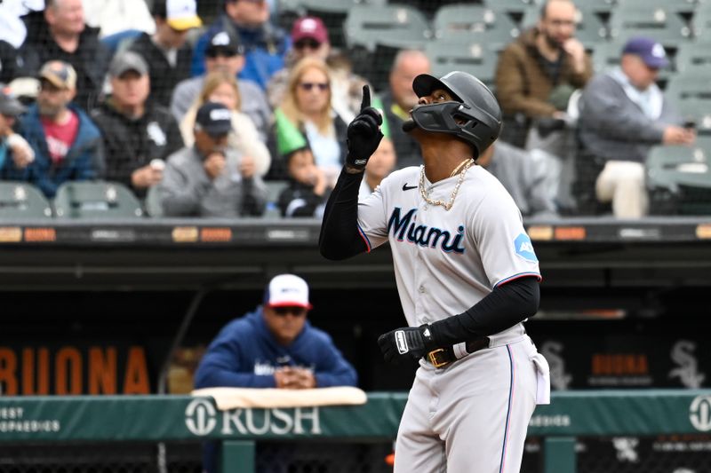 Jun 11, 2023; Chicago, Illinois, USA;  Miami Marlins designated hitter Jorge Soler (12) after he hits a home run against the Chicago White Sox during the fifth inning at Guaranteed Rate Field. Mandatory Credit: Matt Marton-USA TODAY Sports