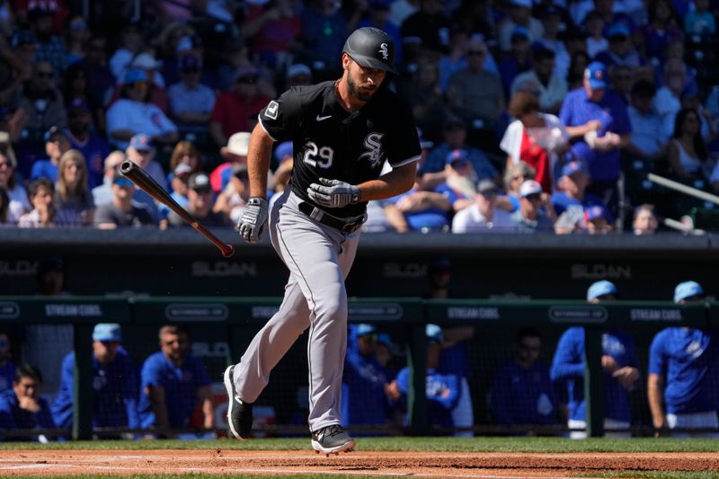 Mar 1, 2024; Mesa, Arizona, USA; Chicago White Sox shortstop Paul DeJong (29) walks against the Chicago Cubs during the first inning at Sloan Park. Mandatory Credit: Rick Scuteri-USA TODAY Sports