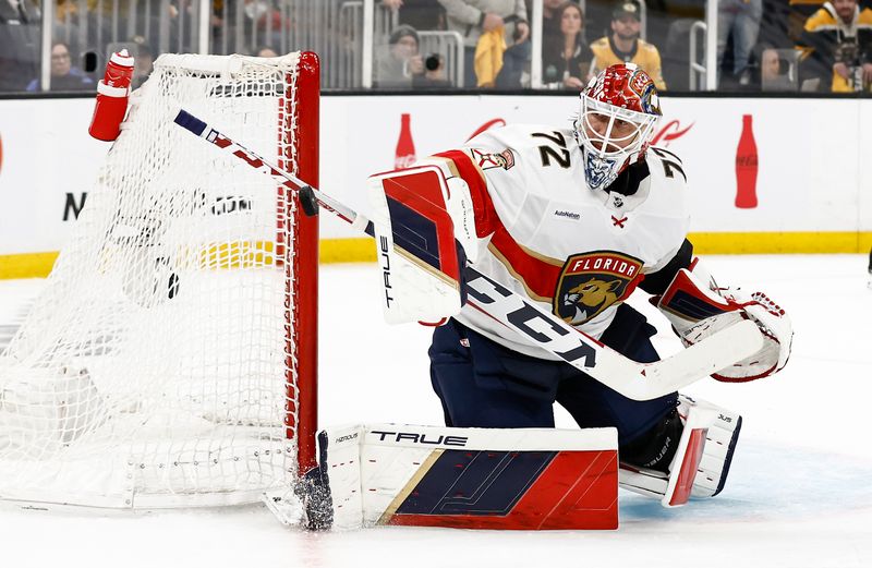 May 10, 2024; Boston, Massachusetts, USA; Florida Panthers goaltender Sergei Bobrovsky (72) turns away a shot against the Boston Bruins during the third period of game three of the second round of the 2024 Stanley Cup Playoffs at TD Garden. Mandatory Credit: Winslow Townson-USA TODAY Sports