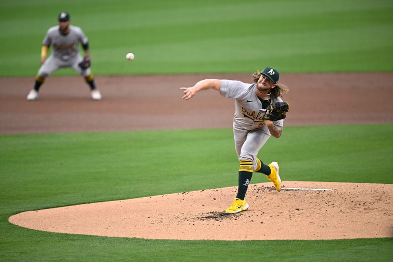 Jun 10, 2024; San Diego, California, USA; Oakland Athletics starting pitcher Joey Estes (68) pitches against the San Diego Padres during the first inning at Petco Park. Mandatory Credit: Orlando Ramirez-USA TODAY Sports