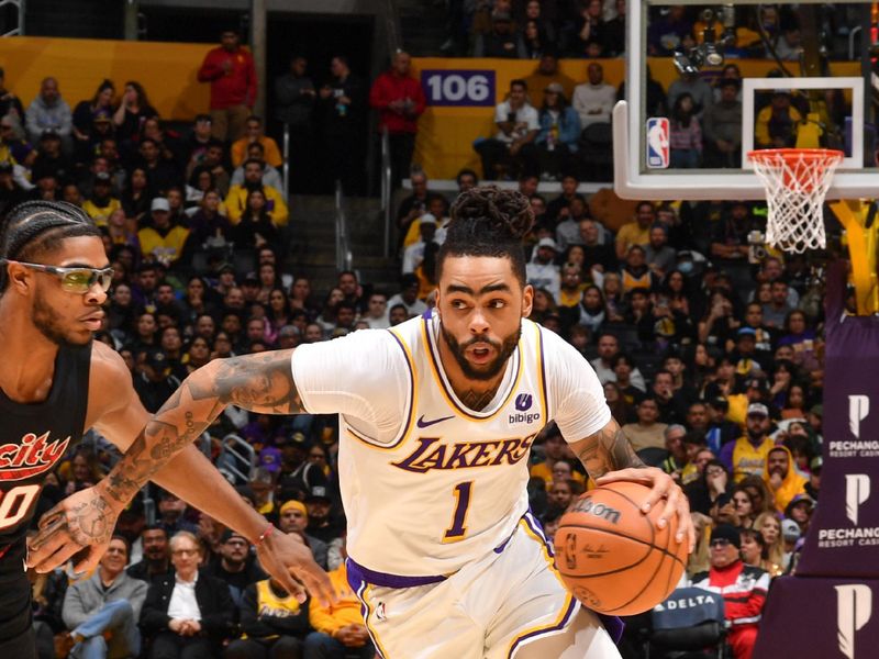 LOS ANGELES, CA - JANUARY 21:  D'Angelo Russell #1 of the Los Angeles Lakers goes to the basket during the game on January 21, 2024 at Crypto.Com Arena in Los Angeles, California. NOTE TO USER: User expressly acknowledges and agrees that, by downloading and/or using this Photograph, user is consenting to the terms and conditions of the Getty Images License Agreement. Mandatory Copyright Notice: Copyright 2024 NBAE (Photo by Juan Ocampo/NBAE via Getty Images)