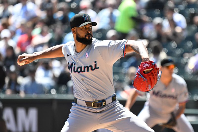 May 11, 2025; Chicago, Illinois, USA;  Miami Marlins pitcher Sandy Alcantara (22) delivers against the Chicago White Sox during the first inning at Rate Field. Mandatory Credit: Matt Marton-Imagn Images