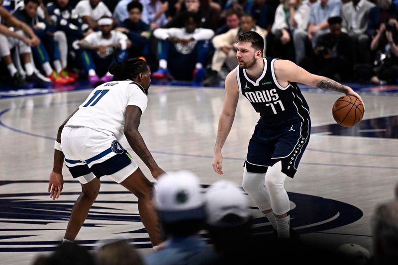 DALLAS, TX - MAY 26: Luka Doncic #77 of the Dallas Mavericks dribbles the ball during the game against the Minnesota Timberwolves during Game 3 of the Western Conference Finals of the 2024 NBA Playoffs on May 26, 2024 at the American Airlines Center in Dallas, Texas. NOTE TO USER: User expressly acknowledges and agrees that, by downloading and or using this photograph, User is consenting to the terms and conditions of the Getty Images License Agreement. Mandatory Copyright Notice: Copyright 2024 NBAE (Photo by David Dow/NBAE via Getty Images)