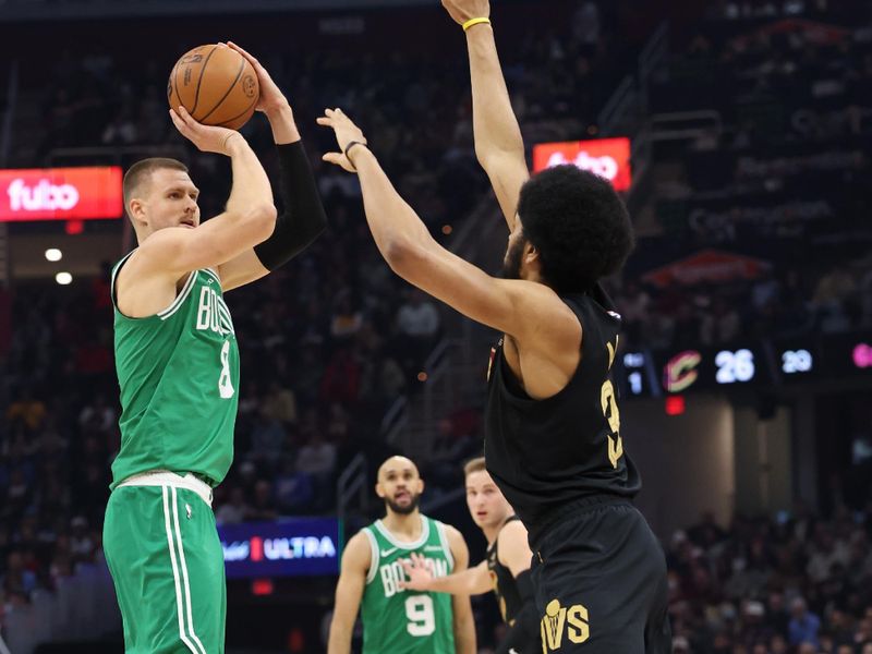 CLEVELAND, OH - FEBRUARY 04:  Kristaps Porzingis #8 of the Boston Celtics shoots the ball during the game against the Cleveland Cavaliers on February 04, 2025 at Rocket Mortgage FieldHouse in Cleveland, Ohio. NOTE TO USER: User expressly acknowledges and agrees that, by downloading and/or using this Photograph, user is consenting to the terms and conditions of the Getty Images License Agreement. Mandatory Copyright Notice: Copyright 2024 NBAE (Photo by  Lauren Leigh Bacho/NBAE via Getty Images)