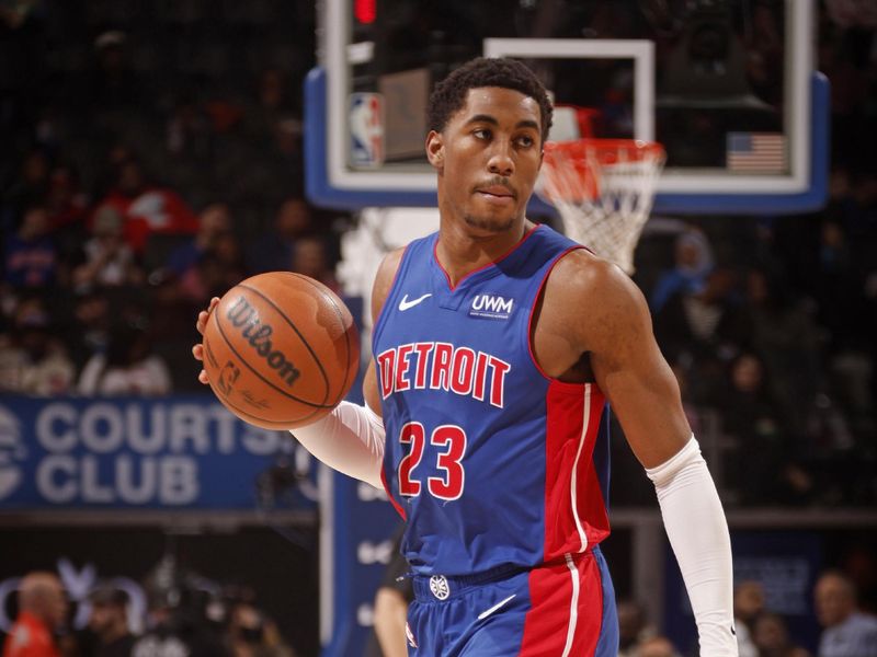 DETROIT, MI - FEBRUARY 4: Jaden Ivey #23 of the Detroit Pistons looks on during the game against the Orlando Magic on February 4, 2024 at Little Caesars Arena in Detroit, Michigan. NOTE TO USER: User expressly acknowledges and agrees that, by downloading and/or using this photograph, User is consenting to the terms and conditions of the Getty Images License Agreement. Mandatory Copyright Notice: Copyright 2024 NBAE (Photo by Brian Sevald/NBAE via Getty Images)