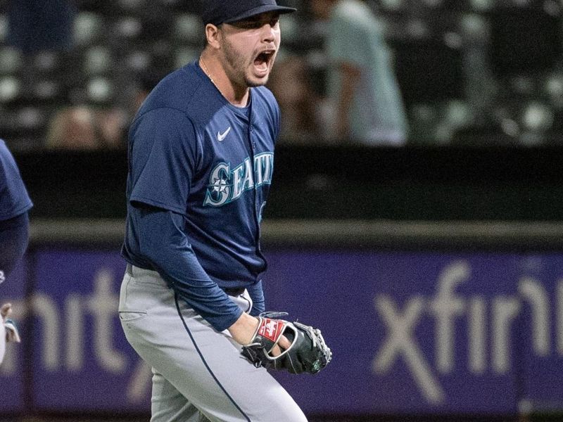 Jun 4, 2024; Oakland, California, USA; Seattle Mariners pitcher Tayler Saucedo (60) reacts after making the final out against the Oakland Athletics at Oakland-Alameda County Coliseum. Mandatory Credit: Ed Szczepanski-USA TODAY Sports