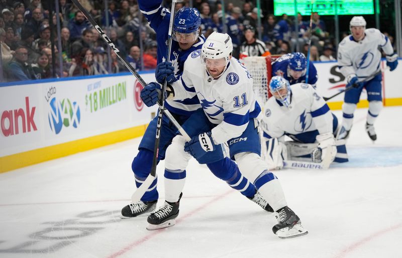 Nov 6, 2023; Toronto, Ontario, CAN; Tampa Bay Lightning forward Luke Glendening (11) and Toronto Maple Leafs forward Matthew Knies (23) battle for postion during the first period at Scotiabank Arena. Mandatory Credit: John E. Sokolowski-USA TODAY Sports