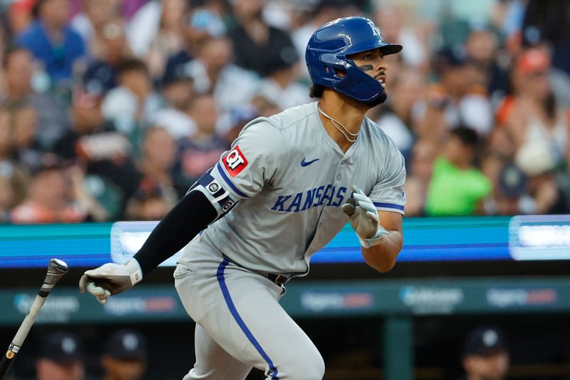 Aug 3, 2024; Detroit, Michigan, USA;  Kansas City Royals outfielder MJ Melendez (1) hits a single in the seventh inning against the Detroit Tigers at  Comerica Park. Mandatory Credit: Rick Osentoski-USA TODAY Sports