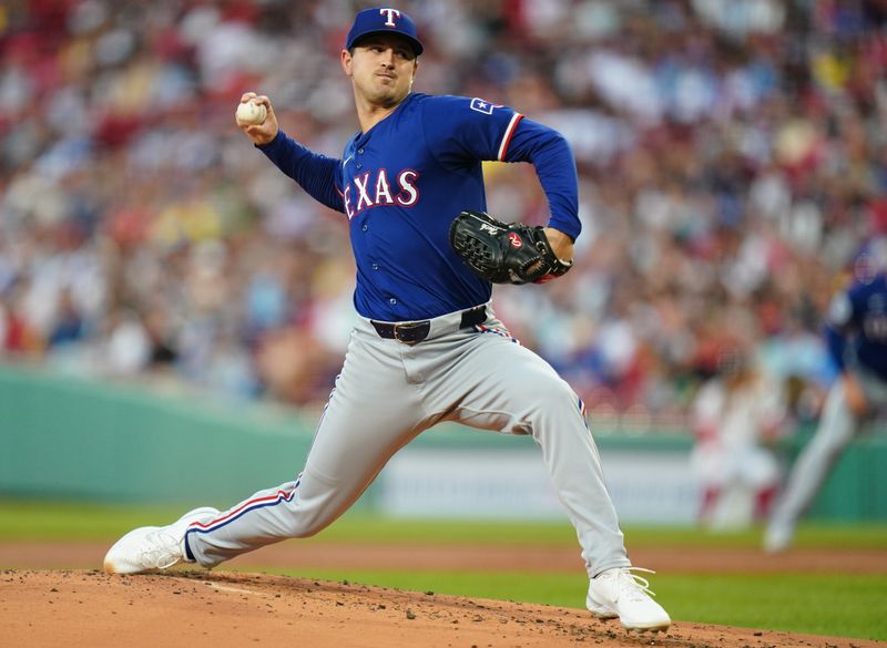 Aug 12, 2024; Boston, Massachusetts, USA; Texas Rangers starting pitcher Tyler Mahle (51) throws a pitch against the Boston Red Sox in the first inning at Fenway Park. Mandatory Credit: David Butler II-USA TODAY Sports