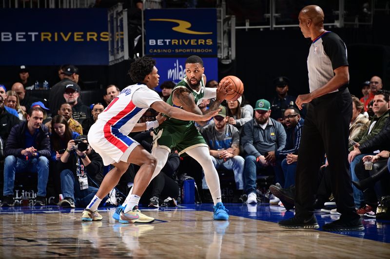 DETROIT, MI - JANUARY 22: Damian Lillard #0 of the Milwaukee Bucks dribbles the ball during the game against the Detroit Pistons on January 22, 2024 at Little Caesars Arena in Detroit, Michigan. NOTE TO USER: User expressly acknowledges and agrees that, by downloading and/or using this photograph, User is consenting to the terms and conditions of the Getty Images License Agreement. Mandatory Copyright Notice: Copyright 2024 NBAE (Photo by Chris Schwegler/NBAE via Getty Images)