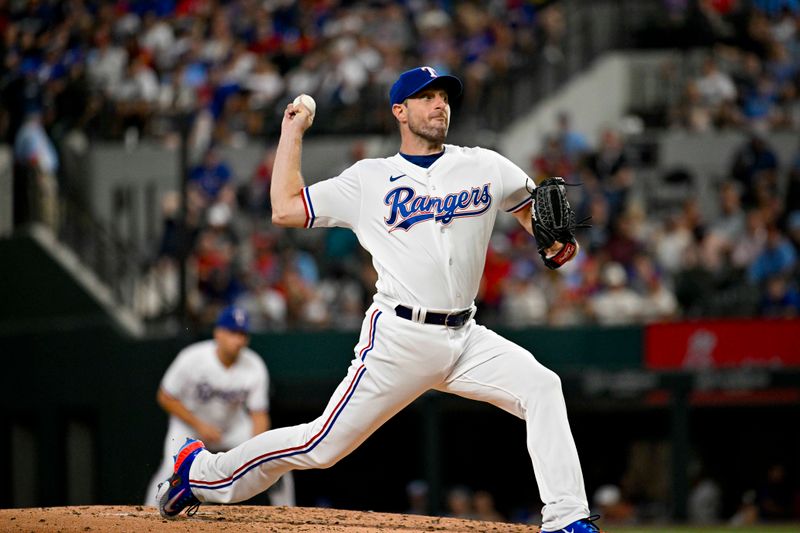 Aug 3, 2023; Arlington, Texas, USA; Texas Rangers starting pitcher Max Scherzer (31) pitches against the Chicago White Sox during the third inning at Globe Life Field. Mandatory Credit: Jerome Miron-USA TODAY Sports