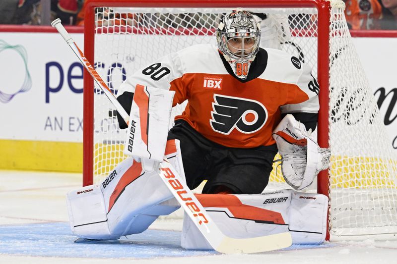Oct 13, 2025; Philadelphia, Pennsylvania, USA; Philadelphia Flyers goaltender Dan Vladar (80) in goal against the Florida Panthers during the first period at Wells Fargo Center. Mandatory Credit: Eric Hartline-Imagn Images