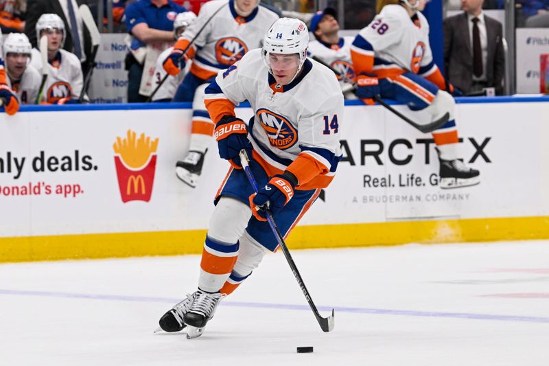 Mar 19, 2024; Elmont, New York, USA; New York Islanders center Bo Horvat (14) skates across the blue line against the Carolina Hurricanes during the second period at UBS Arena. Mandatory Credit: Dennis Schneidler-USA TODAY Sports