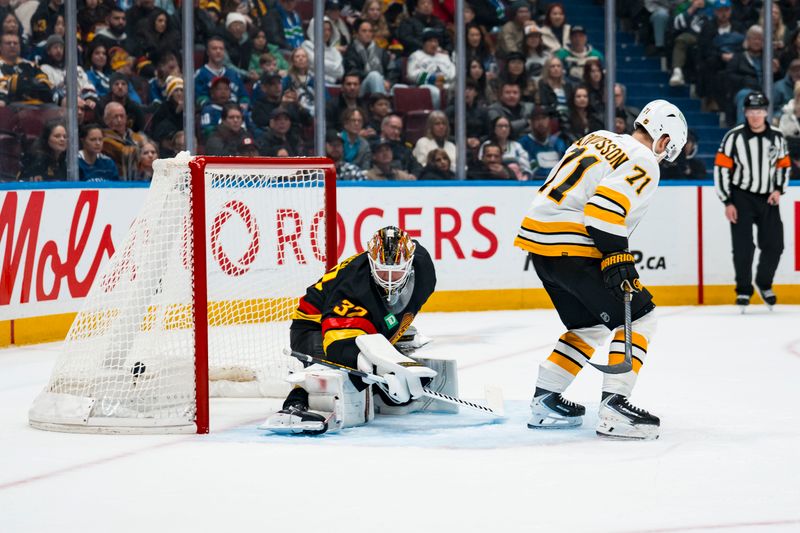 Jan 3, 2026; Vancouver, British Columbia, CAN; Boston Bruins forward Viktor Arvidsson (71) watches the shots from forward Fraser Minten (not pictured) get past Vancouver Canucks goalie Kevin Lankinen (32) in the first period at Rogers Arena. Mandatory Credit: Bob Frid-Imagn Images