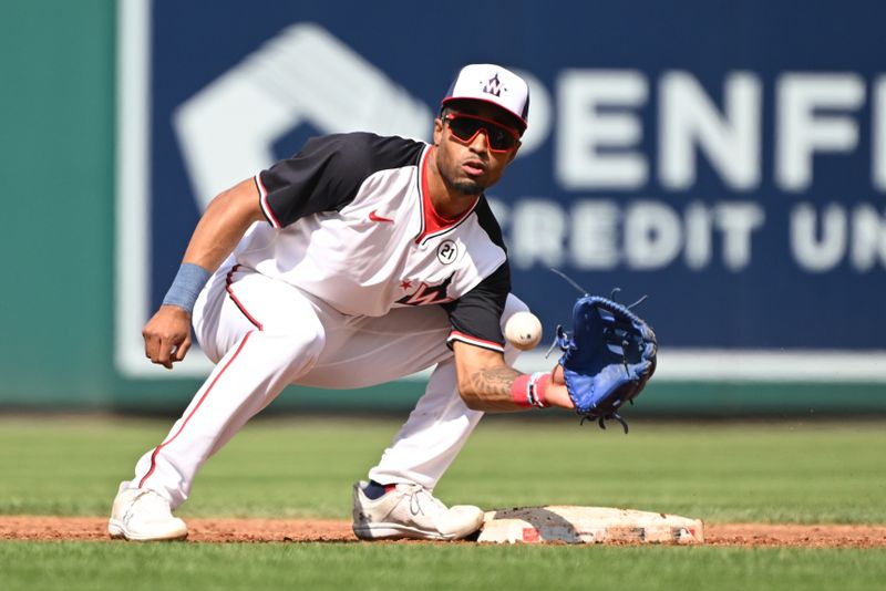 Sep 15, 2024; Washington, District of Columbia, USA; Washington Nationals shortstop Nasim Nunez (26) fields the ball at second base during a stolen base attempt against the Miami Marlins during the third inning at Nationals Park. Mandatory Credit: Rafael Suanes-Imagn Images