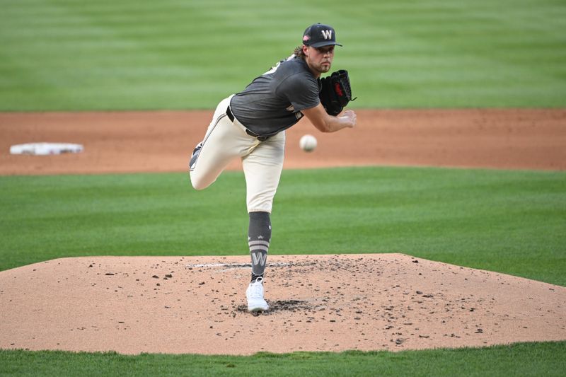 Aug 2, 2024; Washington, District of Columbia, USA; Washington Nationals starting pitcher Jake Irvin (27) throws a pitch against the Milwaukee Brewers during the second inning at Nationals Park. Mandatory Credit: Rafael Suanes-USA TODAY Sports