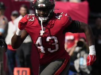 Tampa Bay Buccaneers linebacker Chris Braswell (43) against the New Orleans Saints during the second half of an NFL football game Sunday, Jan. 5, 2025, in Tampa, Fla. (AP Photo/Chris O'Meara)