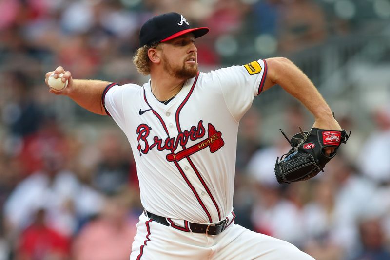 Jun 18, 2024; Atlanta, Georgia, USA; Atlanta Braves starting pitcher Spencer Schwellenbach (56) throws against the Detroit Tigers in the first inning at Truist Park. Mandatory Credit: Brett Davis-USA TODAY Sports
