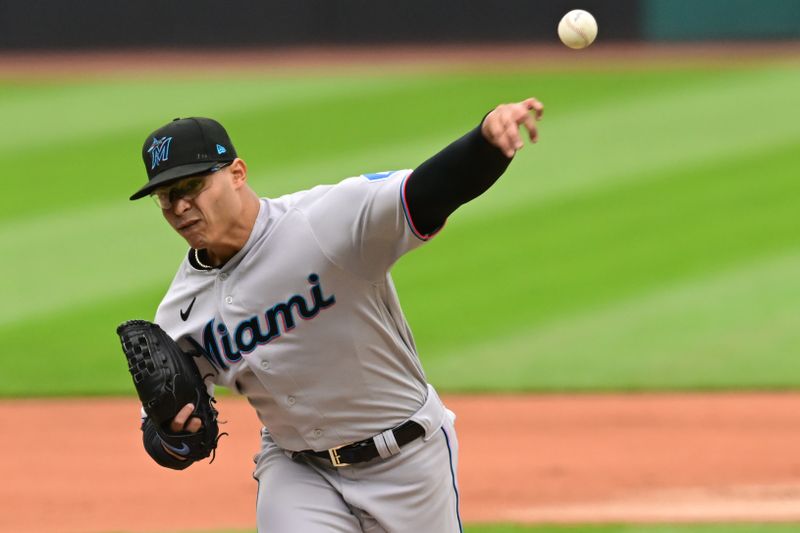 Apr 23, 2023; Cleveland, Ohio, USA; Miami Marlins starting pitcher Jesus Luzardo (44) throws a pitch during the first inning against the Cleveland Guardians at Progressive Field. Mandatory Credit: Ken Blaze-USA TODAY Sports