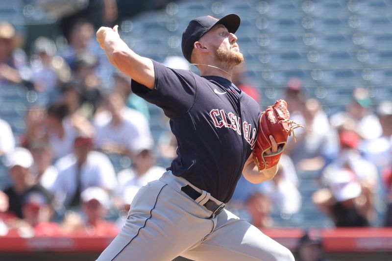 Sep 10, 2023; Anaheim, California, USA; Cleveland Guardians starting pitcher Tanner Bibee (61) throws to a Los Angeles Angels batter during the first inning of a game at Angel Stadium. Mandatory Credit: Jessica Alcheh-USA TODAY Sports